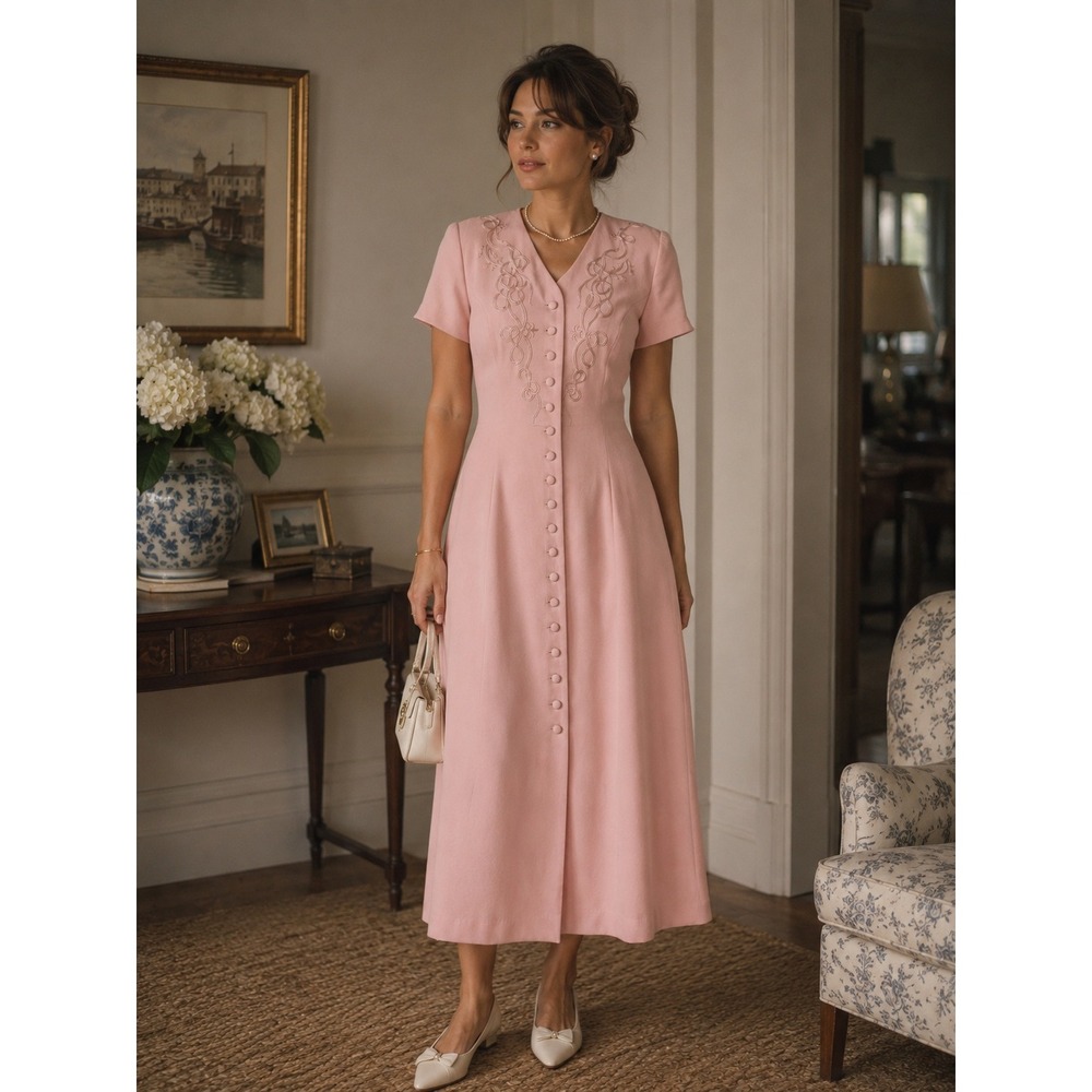 Vintage Maggy London Blush Pink Maxi Dress Size 8 Button Front Romantic Formal